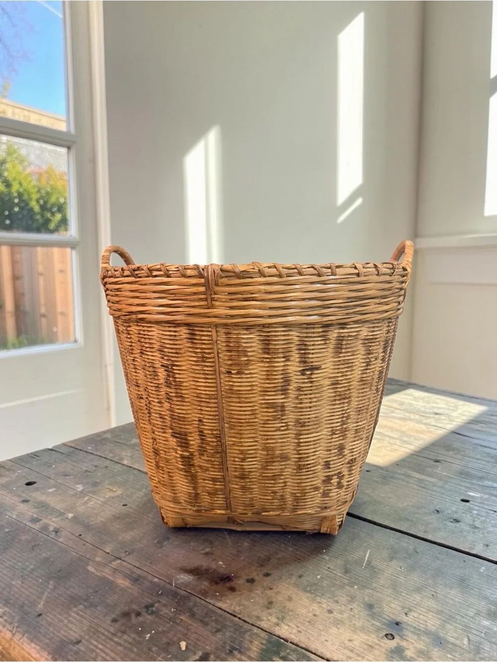 Vintage 1980’s Woven Split Bamboo & Rattan Basket 13” Tall